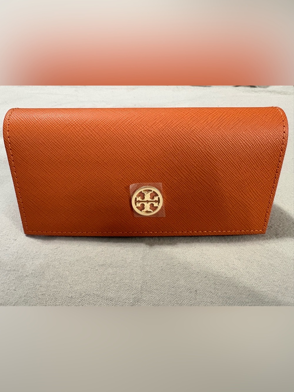 Tory Burch Orange Saffiano Leather Continental Glasses Case with Gold Logo